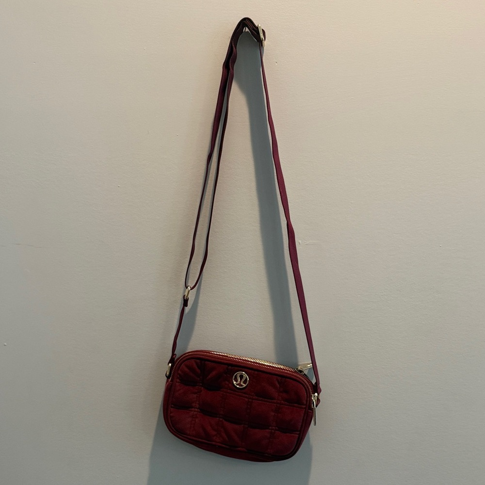 LULULEMON Burgundy velvet Quilted Crossbody Bag with gold hardware